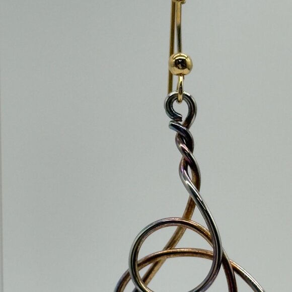 Gold Silver Tricolor Dangle Drop Statement Earrings Abstract Twisted Wire Hoop - Picture 5 of 13